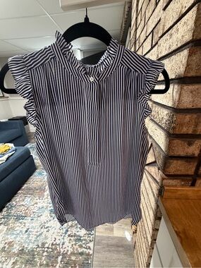 Loft Sleeveless Ruffle-Trim Navy & White Striped Top